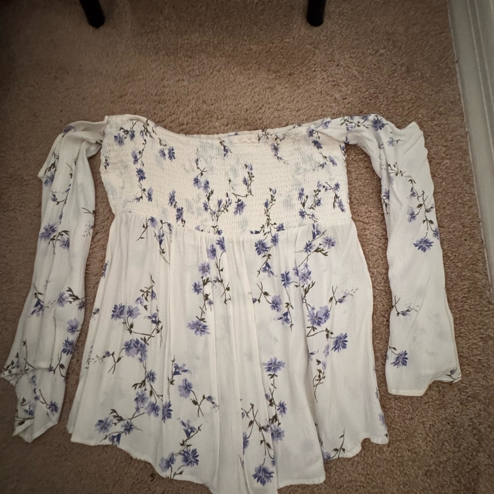 Tobi White and Blue Floral Off-Shoulder Romper